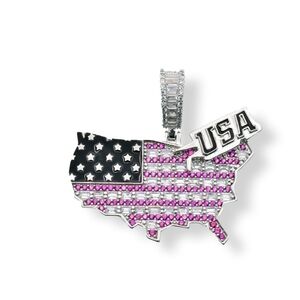 Sterling Silver 925 Rhodium Plated USA Baguette and Round Clear Red CZ Pendant